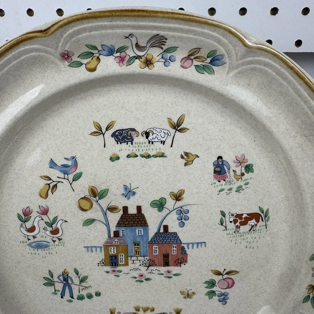 Vintage International China Heartland Chop Plate Large Beige Farm Scene Japan - Picture 3 of 10